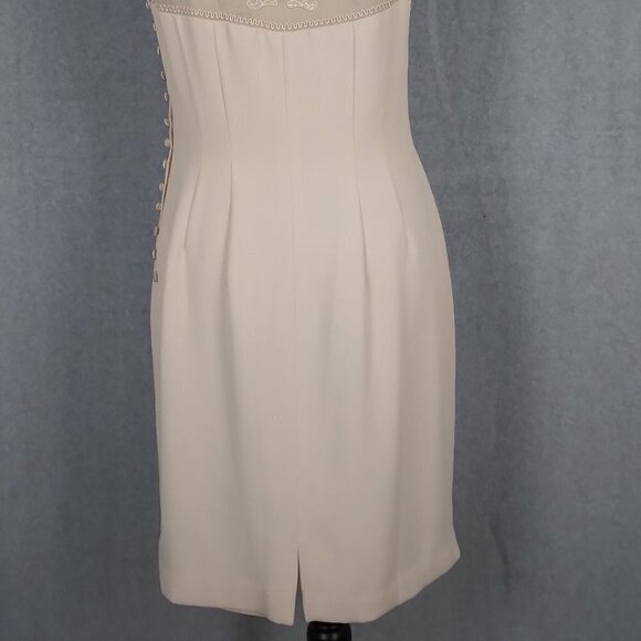 Donna Morgan | Beaded Embroidered Sheer Crepe Sheath Dress Beige  |  Size 10 - Picture 8 of 10